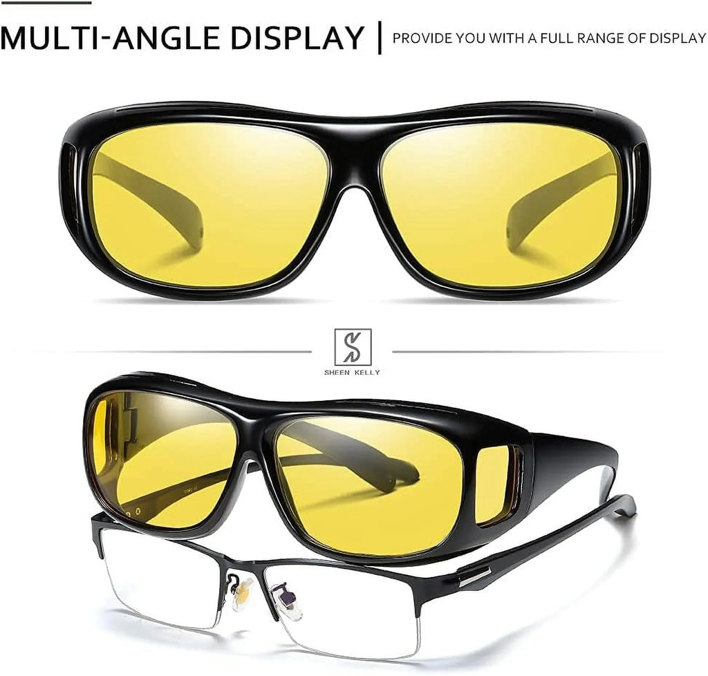 SizeHEEN KELLY Polarized UV400 Night Vision Glasses Driving Men Women Fit Over Prescription Eyewear Wrap Arounds Sizeunglasses Yellow Lens