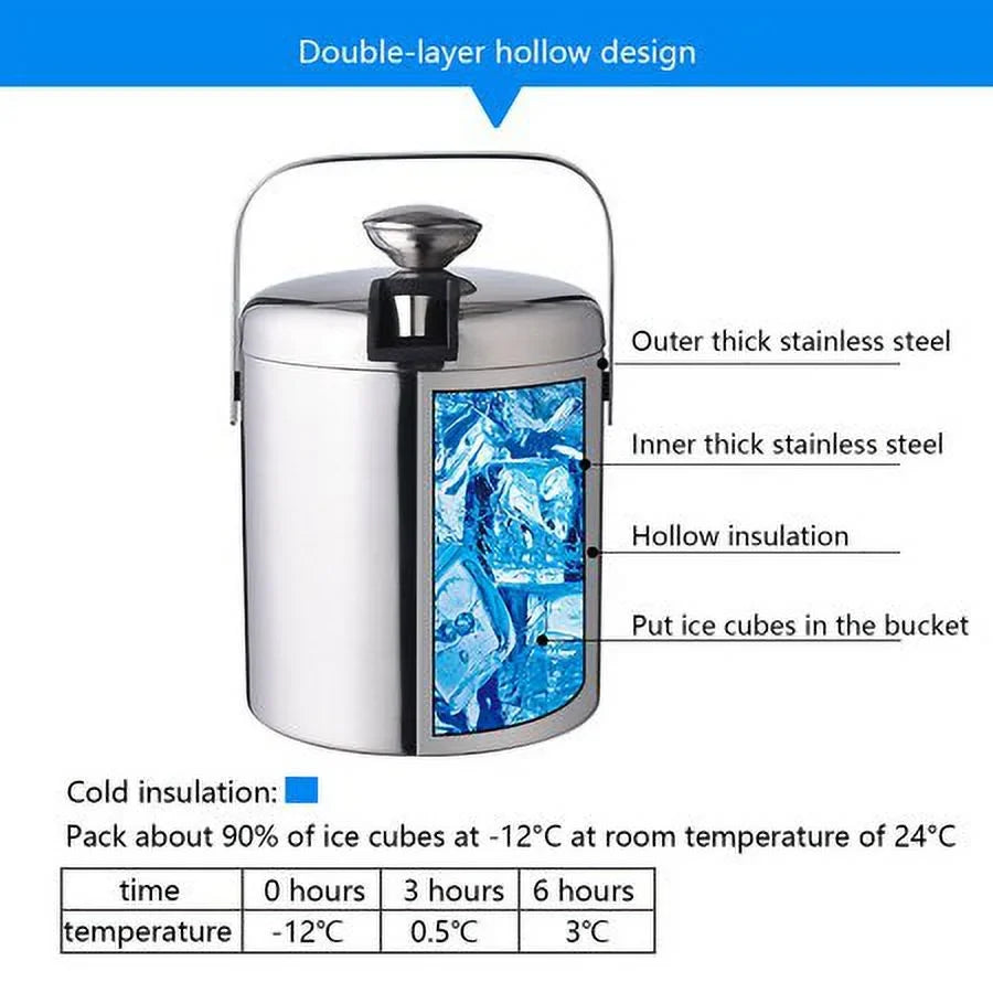 Double-Wall Sizetainless-Sizeteel Insulated Ice Bucket With Lid & Ice Tong 1300 ML