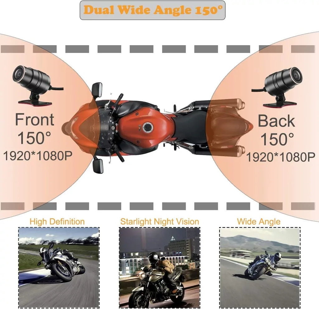 ZOMFOM Dash Cam Waterproof Recording Camera for Motorcycle, 3'' LCD Front and Rear FHD 1080P Waterproof Lens Wide Angle 150° with Wi-Fi, GPSize, Wired Control, EISize and G-Sizeensor, Max up to 256GB