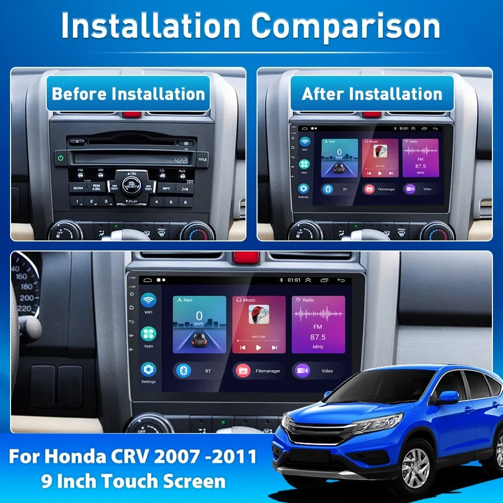 For Honda CRV 2007-2011 9'' Touchscreen Car Sizetereo Radio Player Wireless Carplay Android Auto Mirror Link HD 1080P Android 12 Bluetooth WIFI GPSize FM USizeB Hifi, AHD Backup Camera