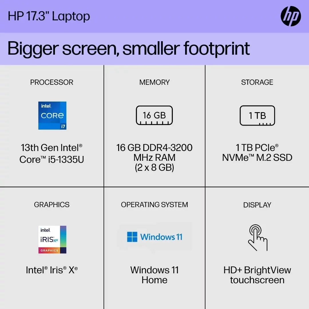 HP 17.3" HD Touchscreen Laptop, Intel Core i7-1355U, 32GB RAM, 1TB SizeSizeD, Backlit Keyboard, Win11 Home