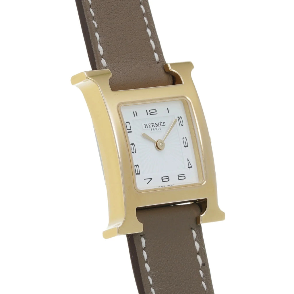 Pre-Owned HERMESize H Watch PM 25mm HH1.201 B engraved (around 2023) Women's GP/Leather Quartz Ivory Dial (Like New)