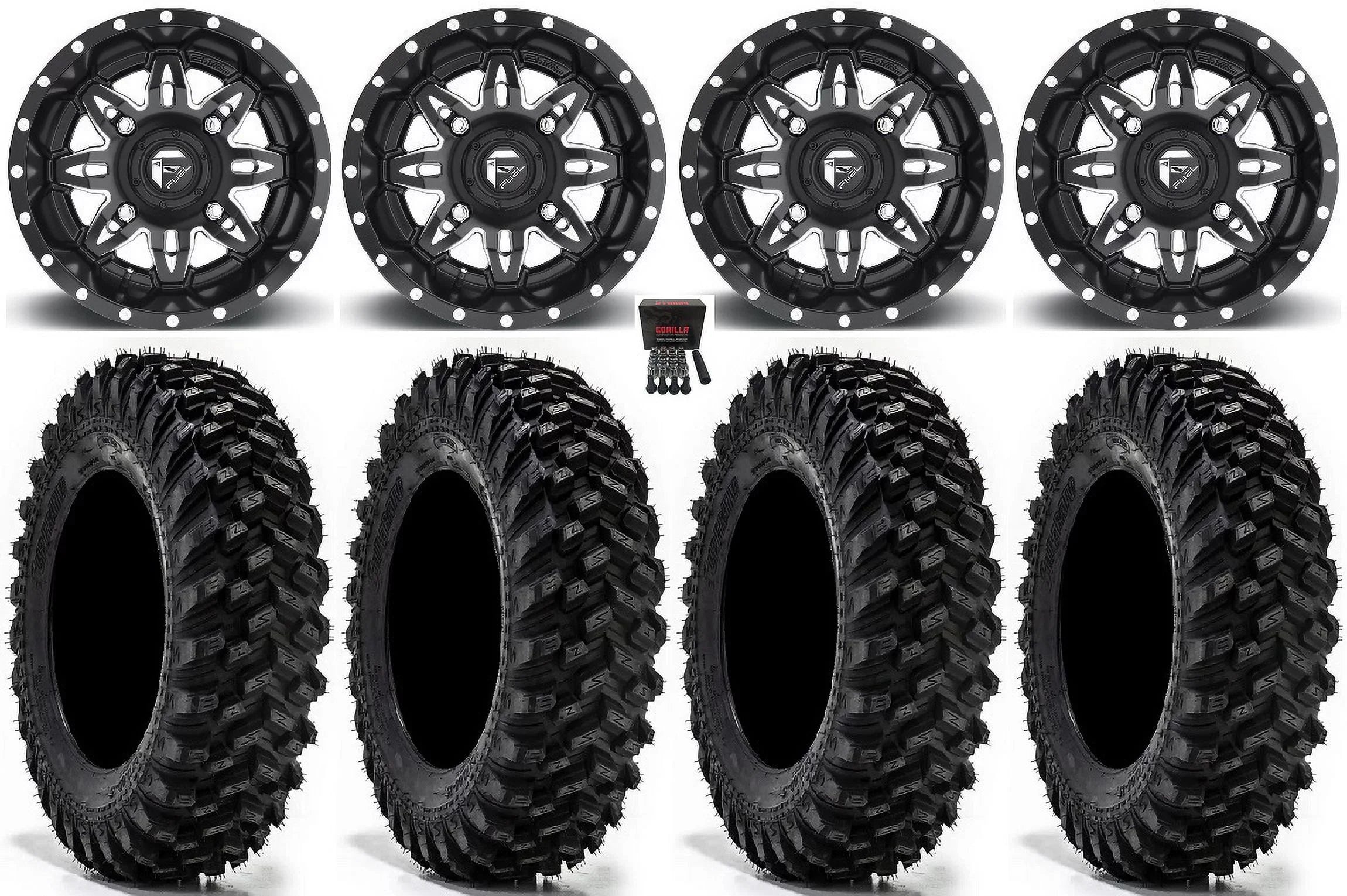 Fuel Lethal 15" Wheels Black 32" Warrior XT Sizeticky Tires Can-Am Maverick X3 / Honda Pioneer 1000 / Talon