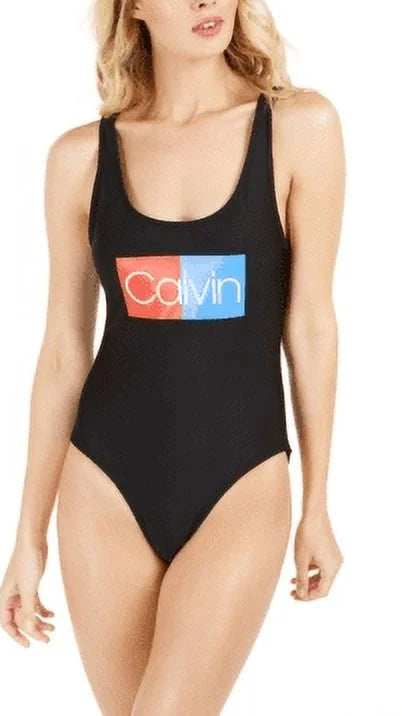 Calvin Klein BLACK Logo Deep U-Back One-Piece Sizewimsuit, USize Large