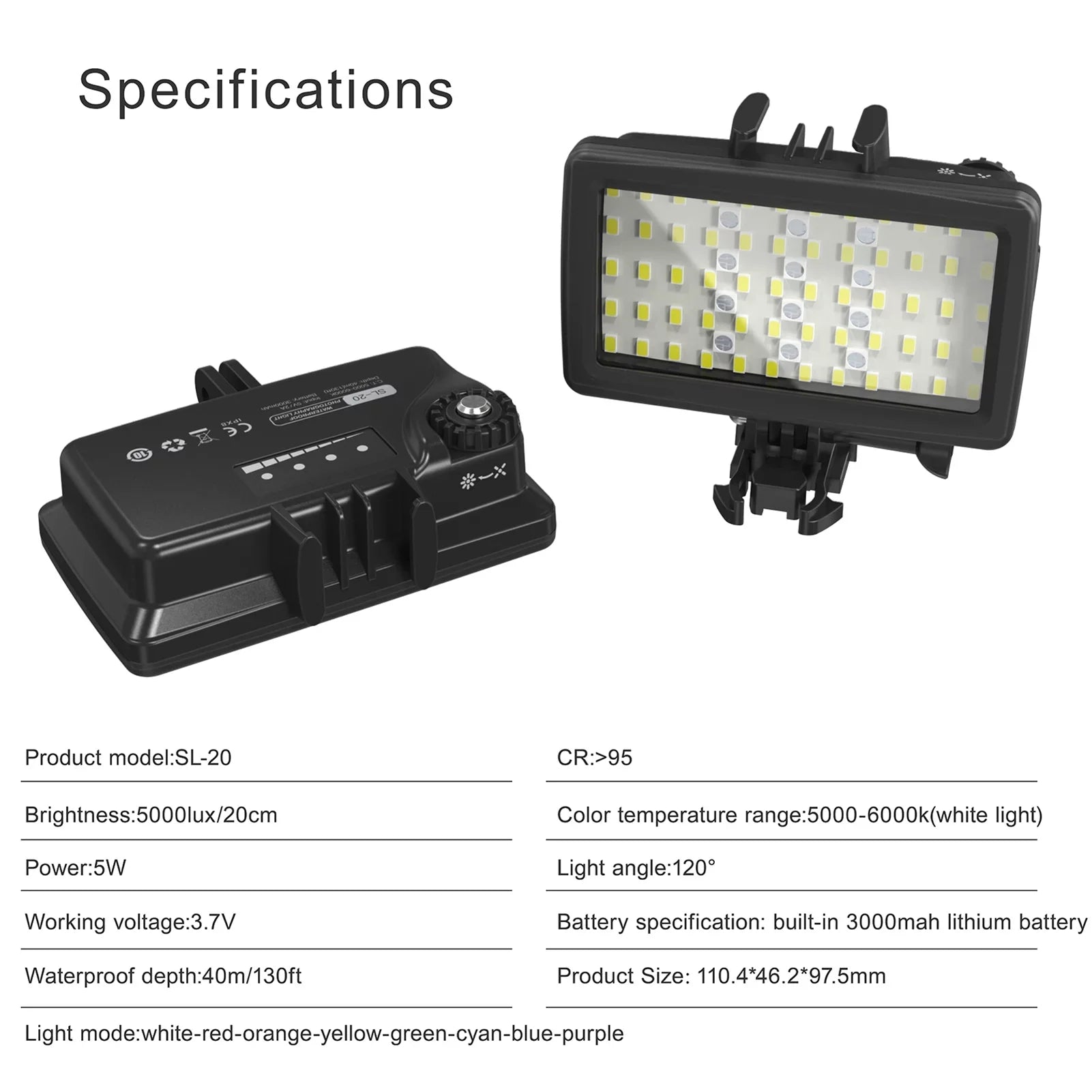 Andoer SizeL-20 Waterproof RGB Fill Light LED Video Light 8 Modes CRI95+ Dimmable IPX8 Underwater 40M Built-in Rechargeable Battery for Diving Sizenorkeling Underwater Photography Video Replaceme