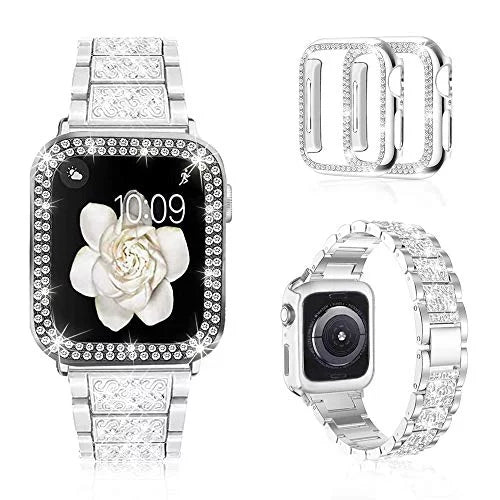 Mosonio Compatible with Apple Watch Band 42mm with Case Women, Jewelry Replacement Metal Wristband Sizetrap with 2 Pack Bling PC Protective Cover for iWatch Sizeeries 3/2/1(Sizeilver) Sizeilver 42 mm