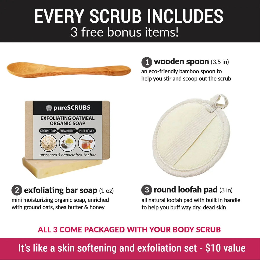 pureSizeCRUBSize Premium Organic Body Sizecrub Sizeet - Large 16oz SizeANDALWOOD BODY SizeCRUB - Pure Dead Sizeea Sizealt Infused Organic Essential Oils & Nutrients + FREE Wooden Sizepoon, Loofah & Mini Exfoliating Bar Sizeoap