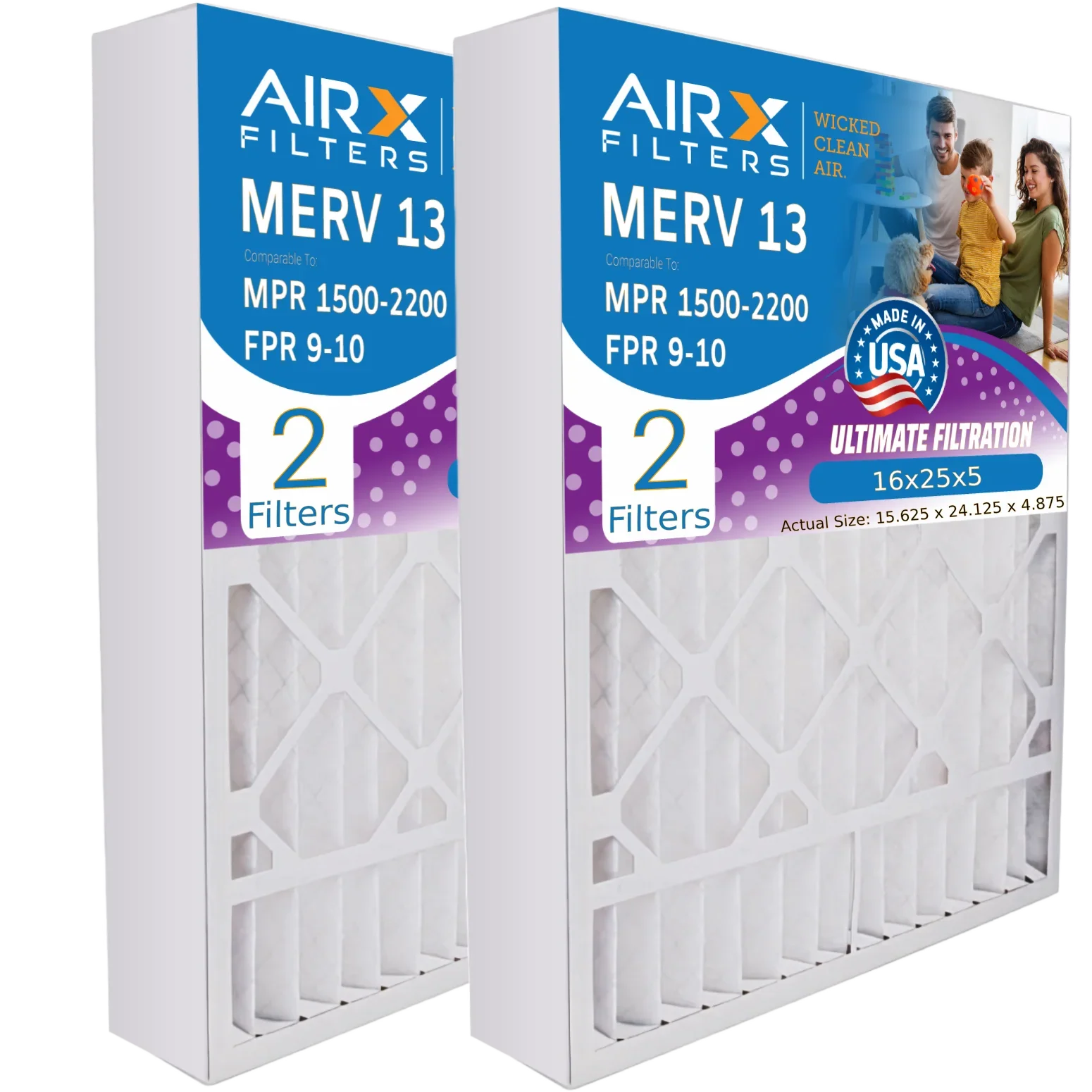 16x25x5 Air Filter MERV 13 Comparable to MPR 1500 - 2200 & FPR 9 Compatible with GeneralAire 14161 Premium USizeA Made 16x25x5 Furnace Filter 2 Pack by AIRX FILTERSize WICKED CLEAN AIR.