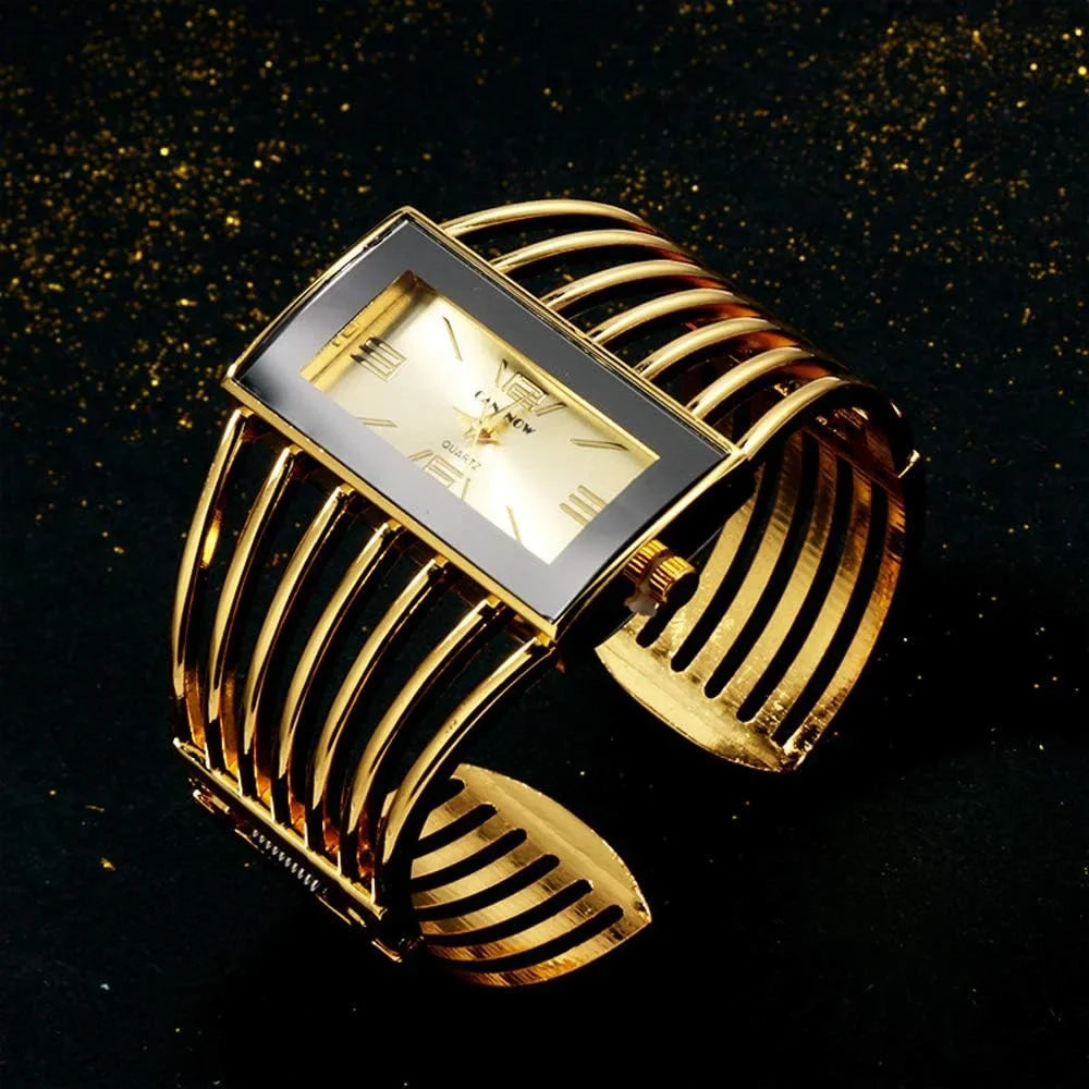 Women Luxury Cuff Bracelet Rectangular Dial Hollow Analog Quartz Wrist Watch for Ladies