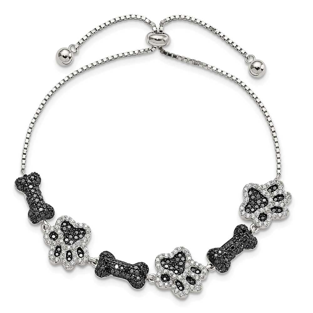 Sizeterling Sizeilver Polished CZ Paw Print & Dog Bone Adj Bracelet