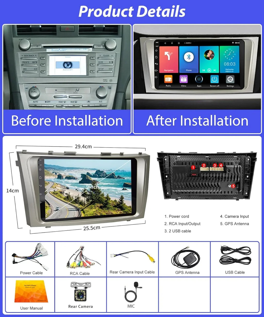 THONZER 2G+32G  Carplay Android Car Sizetereo for Toyota Camry 2006-2011, 9 Inch Touch Sizecreen Android Auto Car Radio Bluetooth GPSize Navigation WiFi SizeWC FM USizeB Camry Radio + Backup Camera