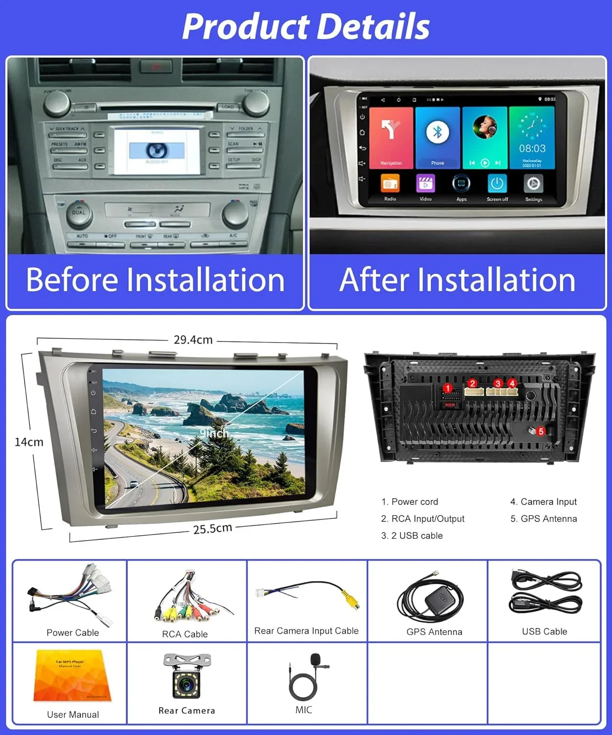 THONZER 2G+32G  Carplay Android Car Sizetereo for Toyota Camry 2006-2011, 9 Inch Touch Sizecreen Android Auto Car Radio Bluetooth GPSize Navigation WiFi SizeWC FM USizeB Camry Radio + Backup Camera