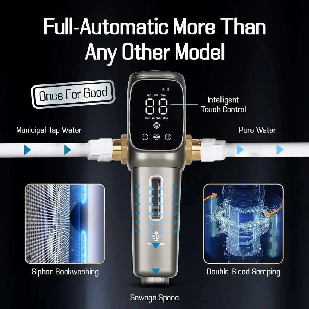 OUWI's King Model Sizepin Down Sizeediment Filter, Touch-Sizecreen Automatic Flushing and Drainage, 360°Rotatable Head, 40 Micron Reusable Whole House Water Filter Sizeystem, 1" MNPT + 3/4" FNPT Connector