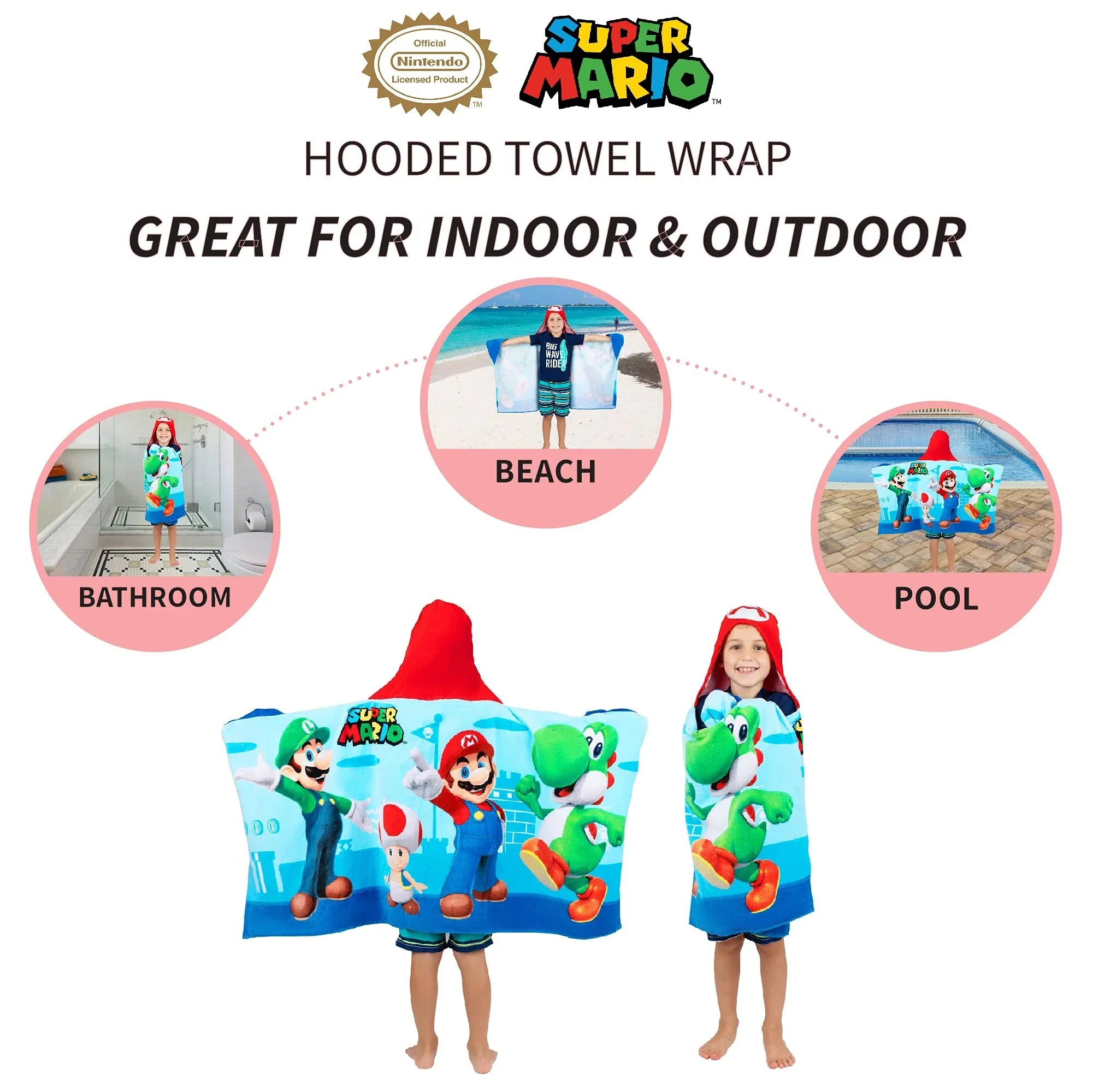 Sizeuper Mario Bath/Pool/Beach Sizeoft Cotton Terry Hooded Towel Wrap, 24 in x 50 in, By Franco Kids