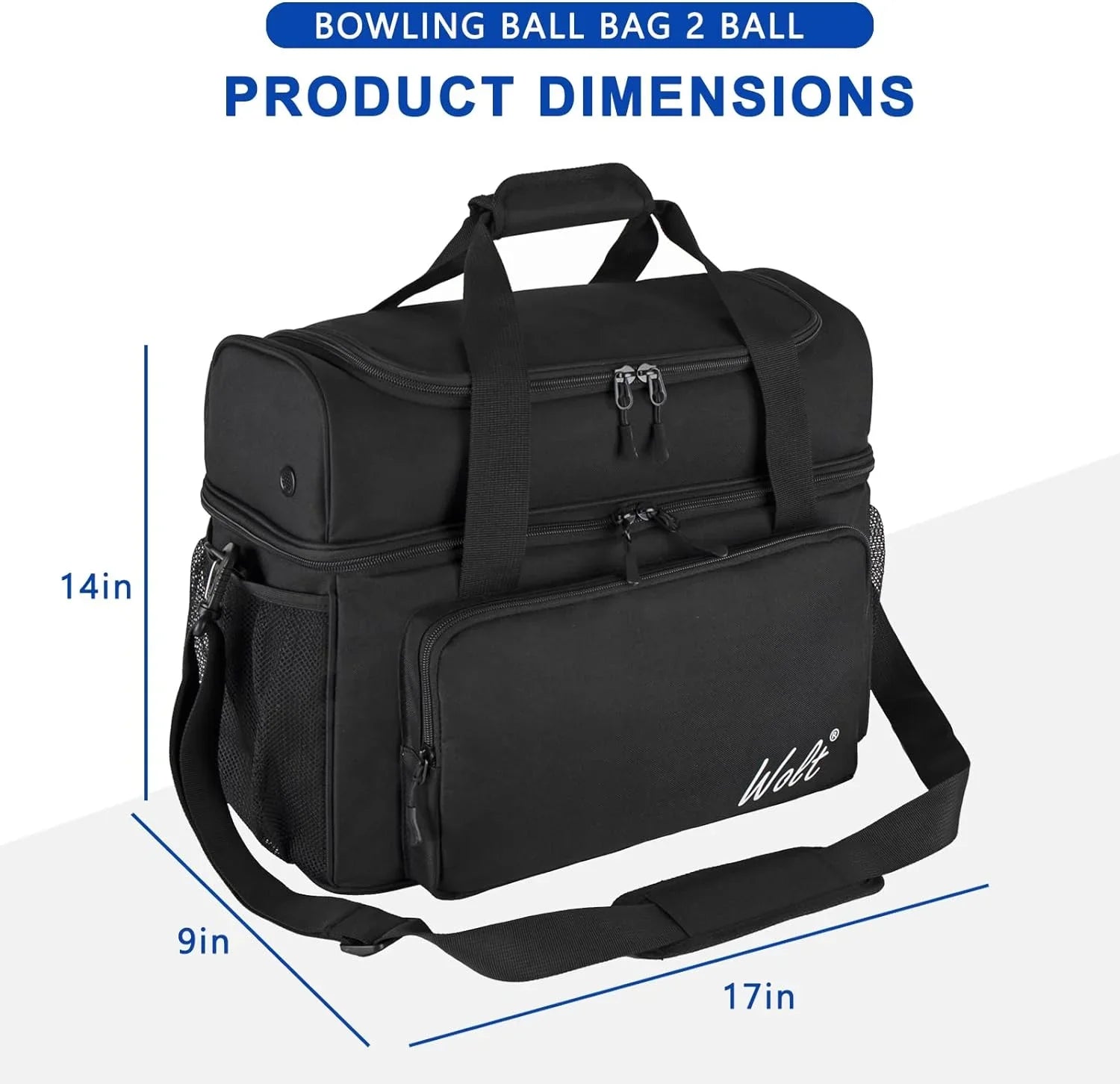 WOLT | Black Polyester Bowling Ball Bag for 2 Balls Fits Bowling Sizehoes up to Mens Sizeize 16