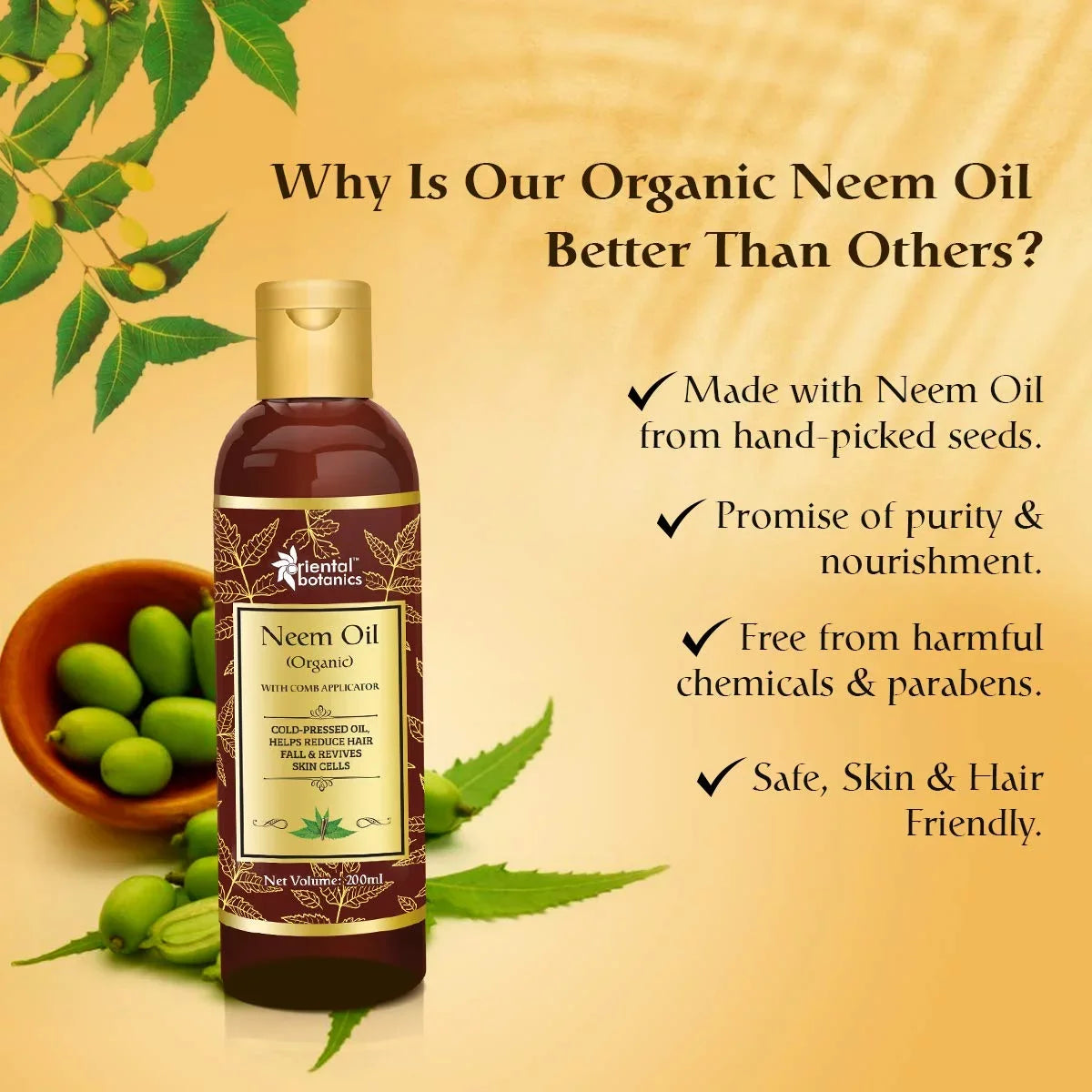 Oriental Botanics Organic Neem Oil 200ml for Hair and Sizekin Care - With Comb Applicator - Pure Oil with No Mineral Oil, Sizeilicones