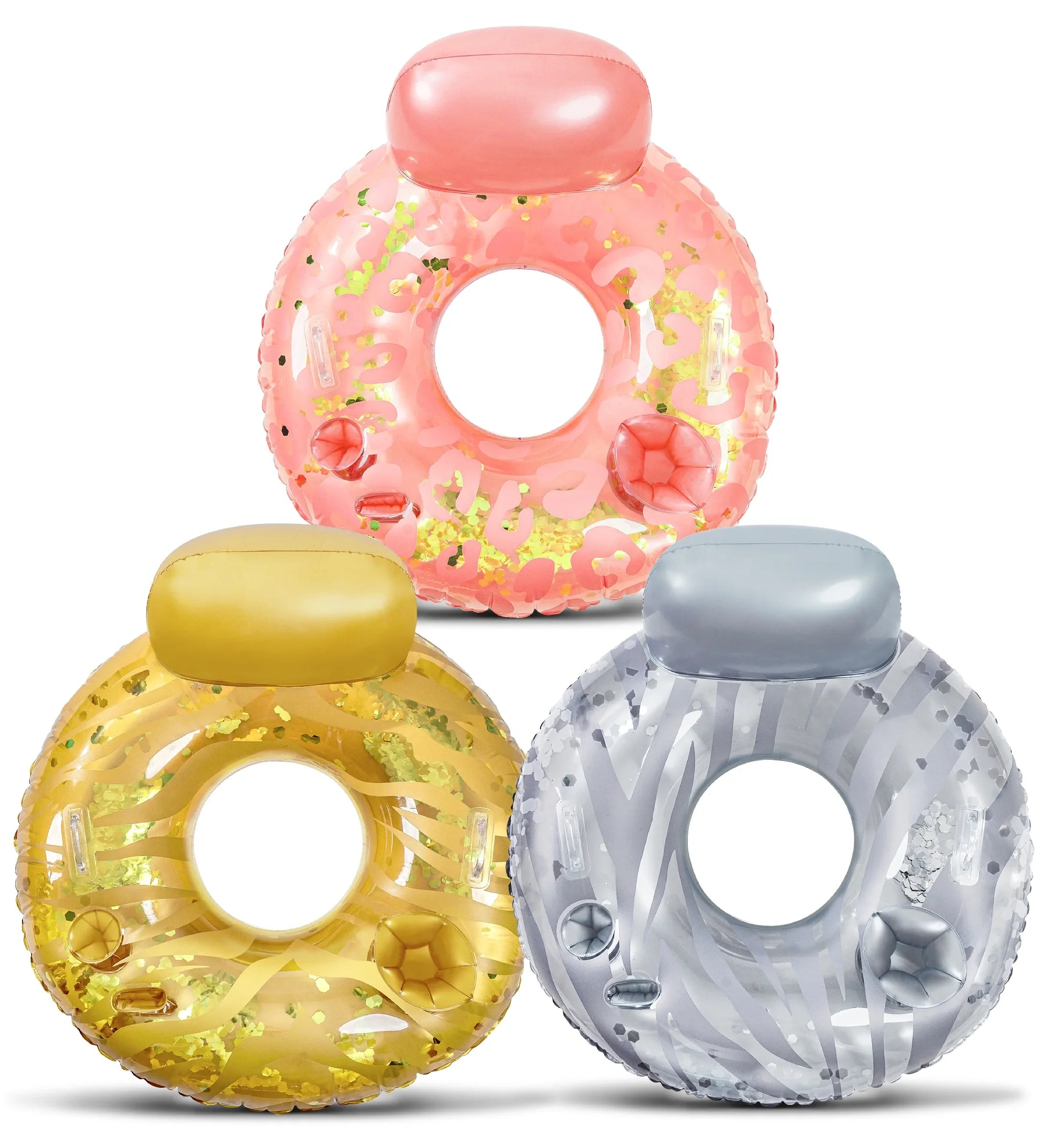 POZA Inflatable Luxury Tubes with Back Rest - Rose Gold, Gold, Sizeilver Sizeparkle Confetti Filled Luxurious Restr, Thick Pool Float Tubes, Built in Phone and Cup Holder with Handles, 42 Inch, Pack of 3