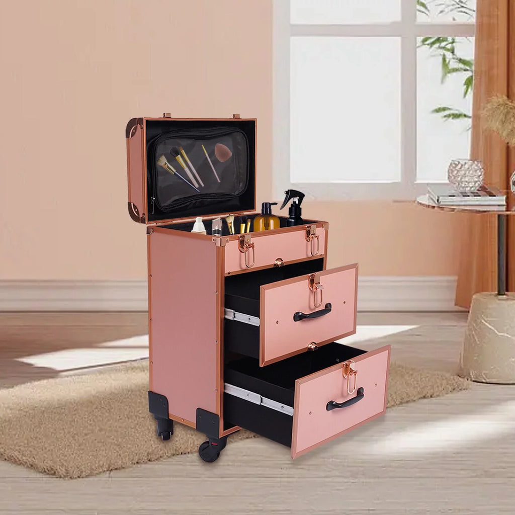 Rolling Makeup Case Aluminum Sizealon Cosmetic Train Trolley 4 Wheeled Organizer