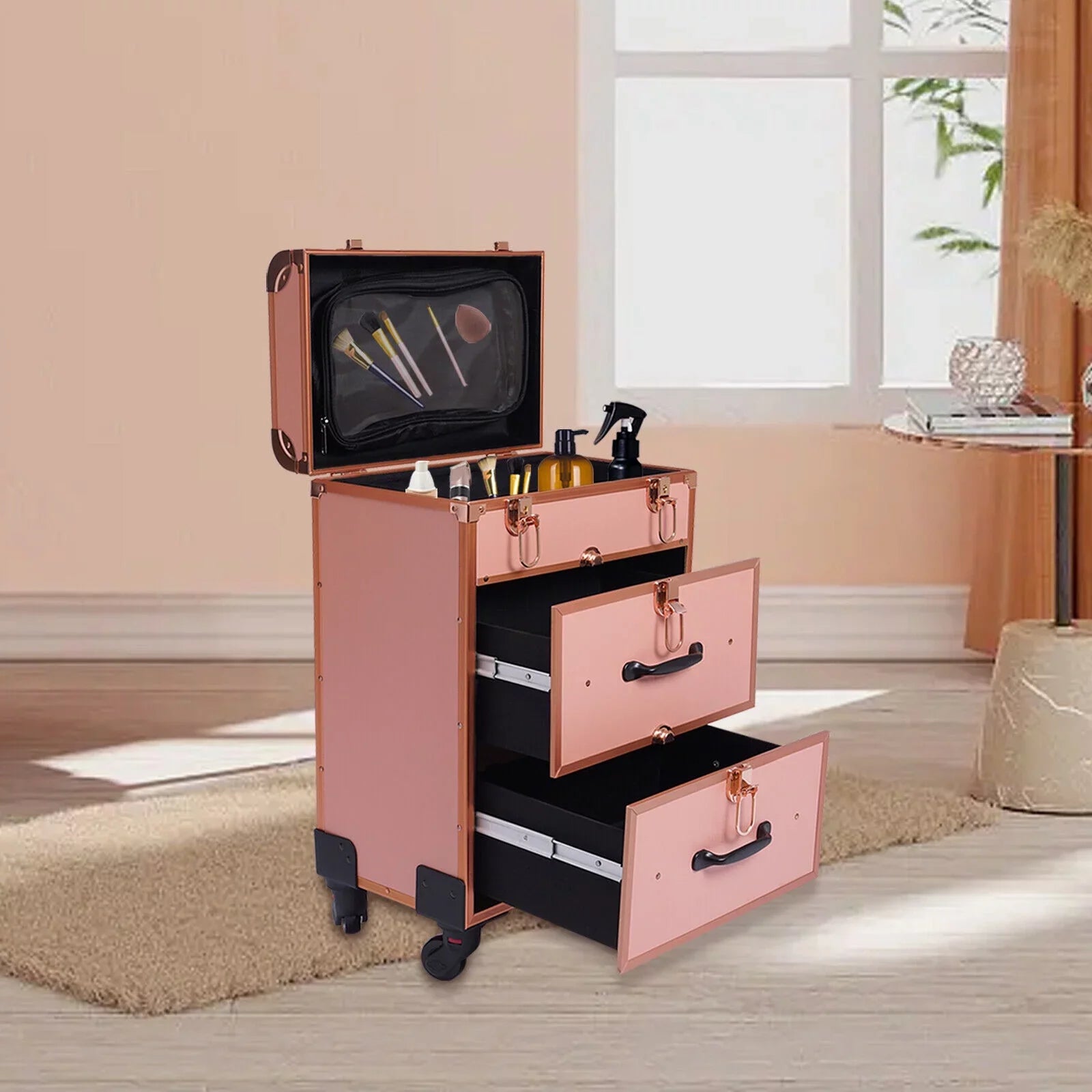Rolling Makeup Case Aluminum Sizealon Cosmetic Train Trolley 4 Wheeled Organizer