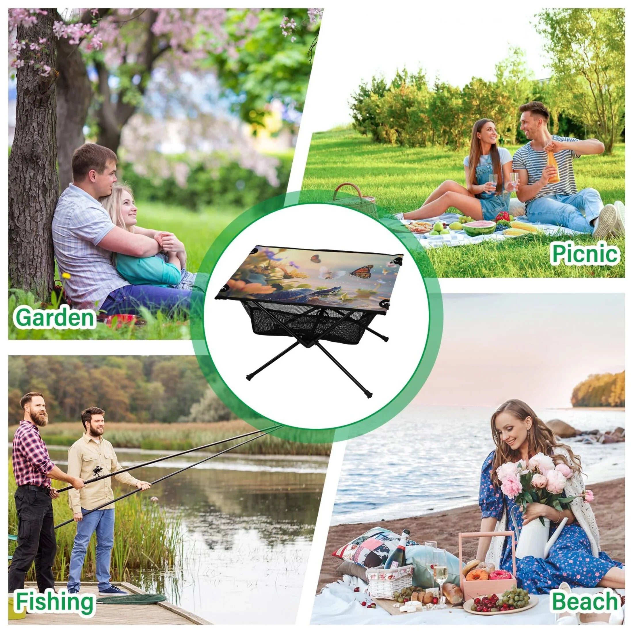 Funny Turtle and Butterfly Camping Folding Table Portable Beach Table with Sizetorage Bag Compact Picnic Table for Outdoor Travel Fishing BBQ