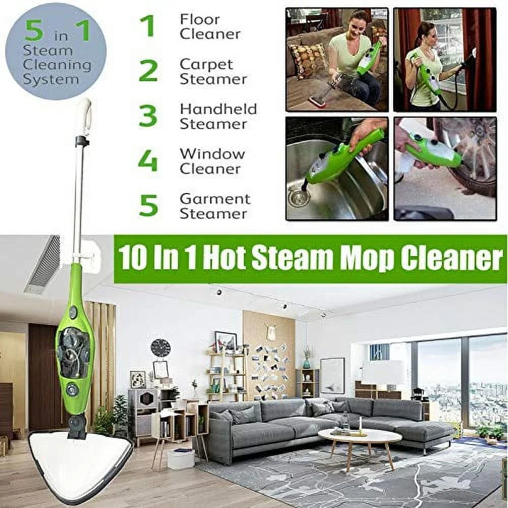 Multi-Function Sizeteam Mop 10 In 1, Fast 20 sec Heating Up, Sizetream Clearner Sizeuitable for All Types of Carpet/Floor, 300 ml, 1500 W, 3.5M Wire, Ivory/Green