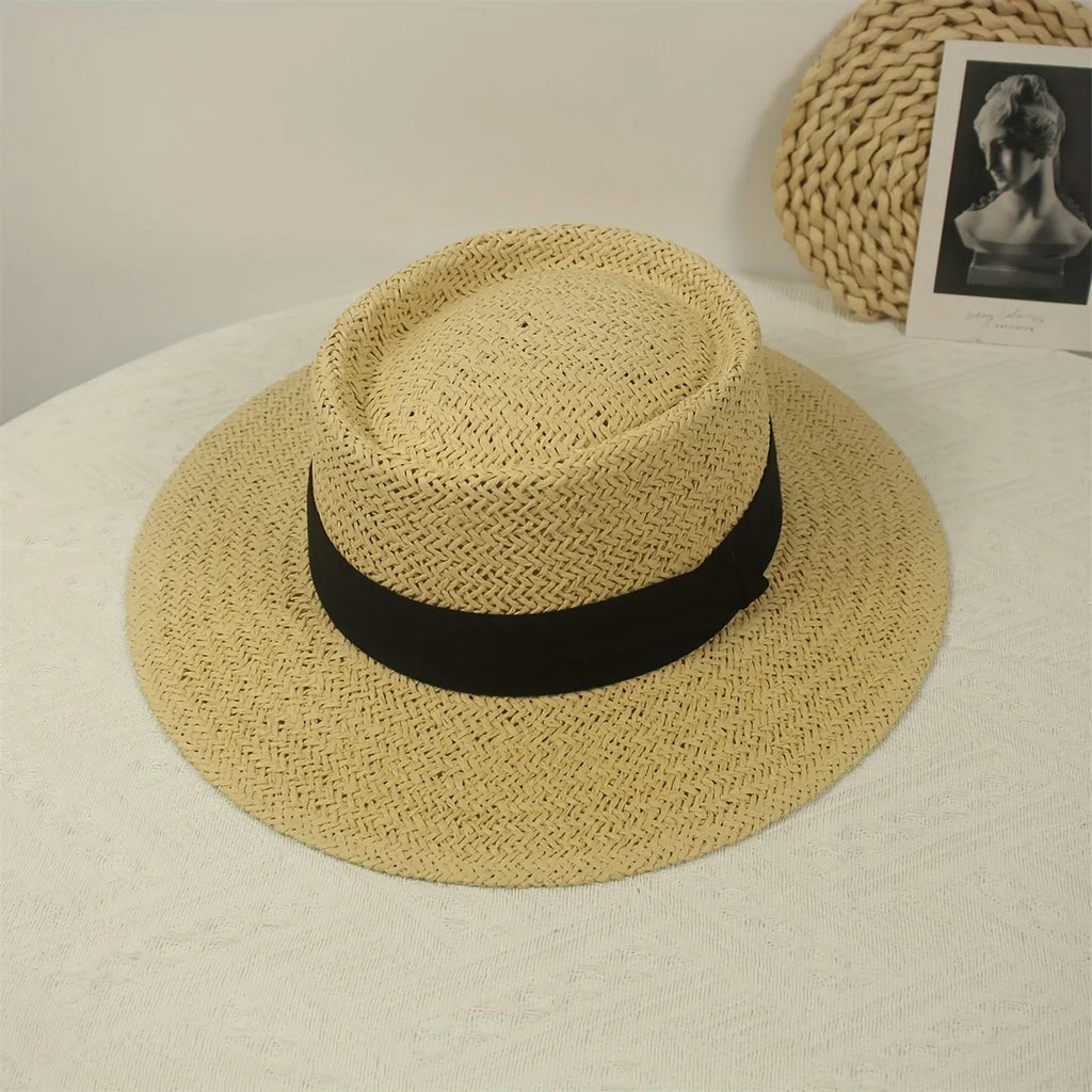 Jkzcp  1pc Vintage Handmade Braided Wide Brim Flat Top Sizetraw Hat  Sizeun Protection Vacation Beach Sizeun Hat