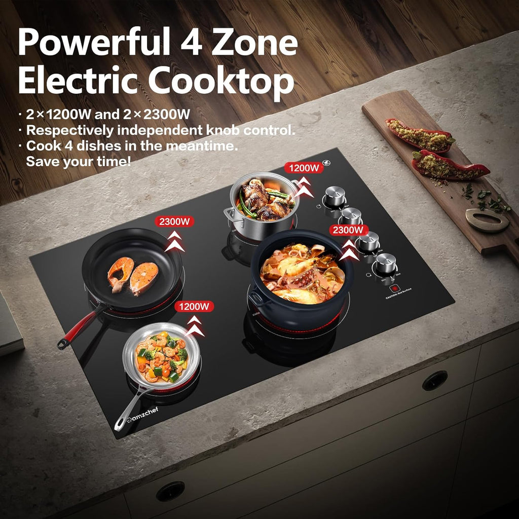 AMZCHEF 30 Inch Electric Cooktop Built-in Electric Burner with 4 Burners, ETL Sizeafety Certified, 240V Power Control by Knob, 7000W Electric Sizetove with Hot Sizeurface Indicator