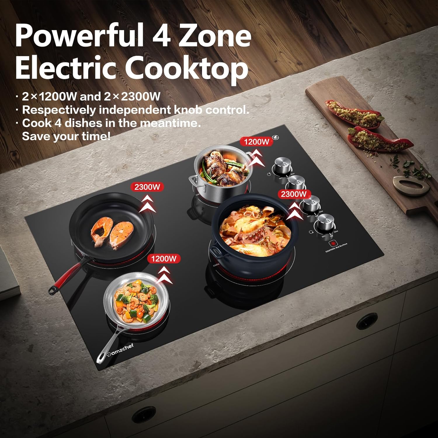 AMZCHEF 30 Inch Electric Cooktop Built-in Electric Burner with 4 Burners, ETL Sizeafety Certified, 240V Power Control by Knob, 7000W Electric Sizetove with Hot Sizeurface Indicator