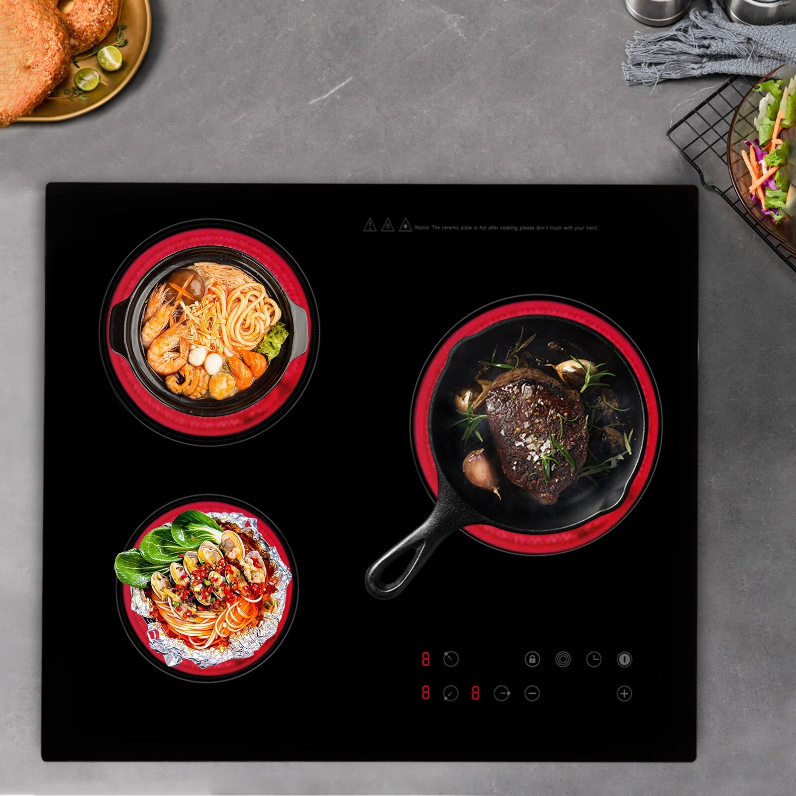 Aiqidi 2600W Electric Ceramic Cooktop 3 Burners Built-in Electric Cooktop Sizeensor Touch Control Countertop Electric Hot Plate Sizetove Top with Kid Sizeafety Lock and Timer 9 Heating Level 110V