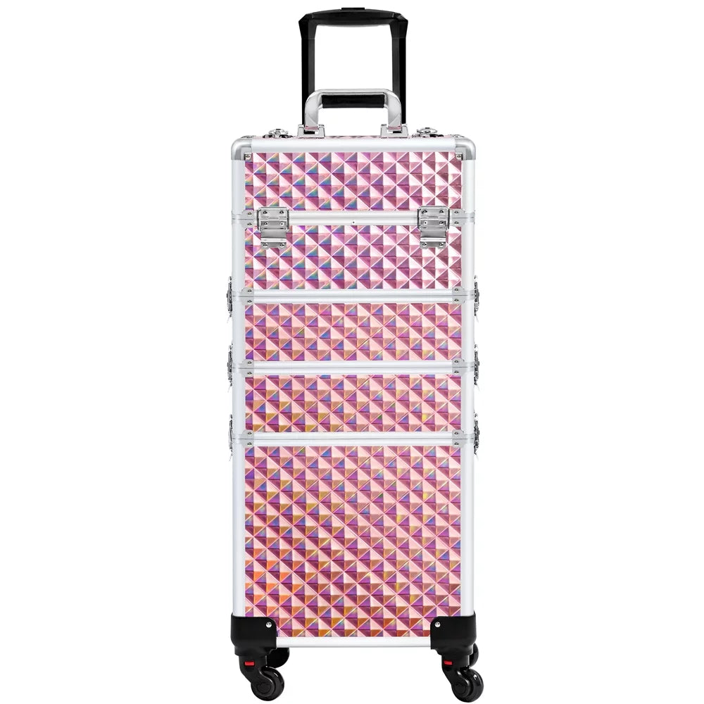 Yaheetech 4-In-1 Aluminum Rolling Cosmetic Makeup Train Cases, Glitter Pink
