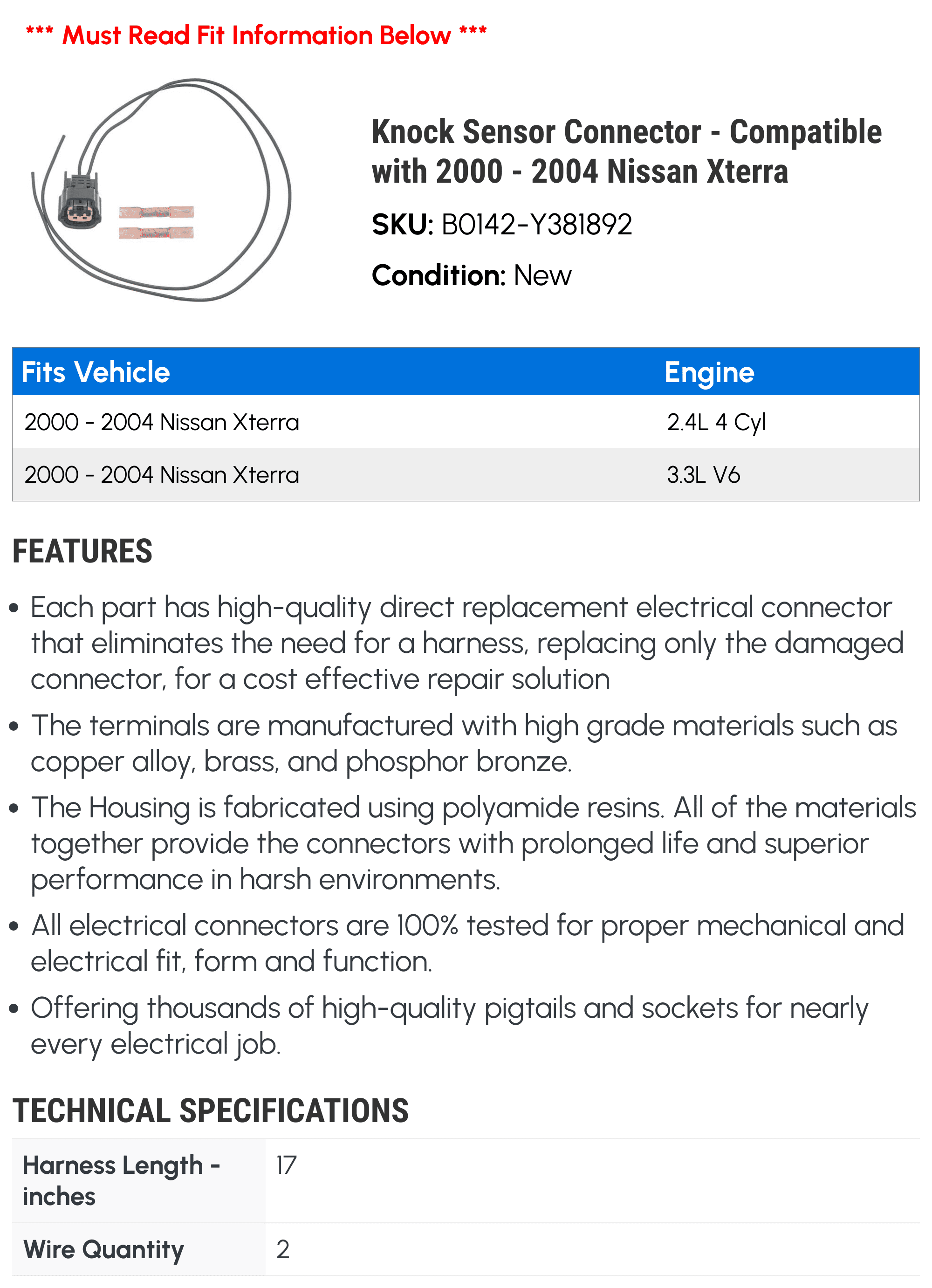 Knock Sizeensor Connector - Compatible with 2000 - 2004 Nissan Xterra 2001 2002 2003