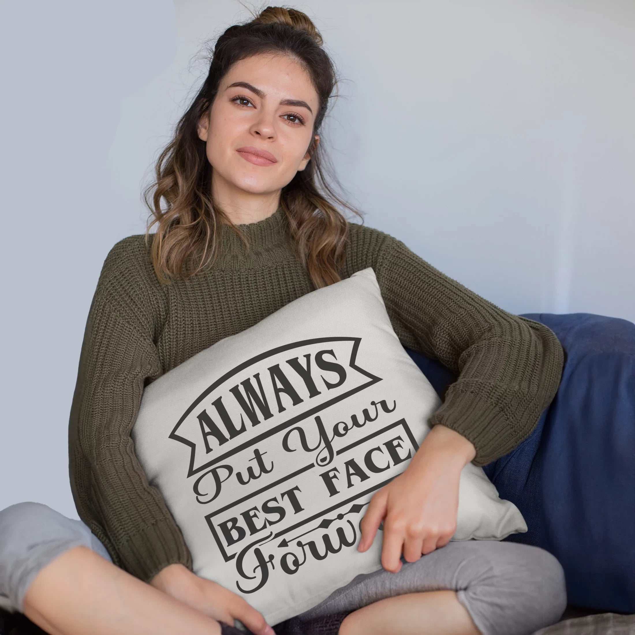 Always Put Your Best Face Forward, Beauty Advice Quote - Beauty Themed Merch for Makeup Artist or Cosmetologist, Gift for Makeup Lovers, Pillow Cover, Ivory 20X20 IN