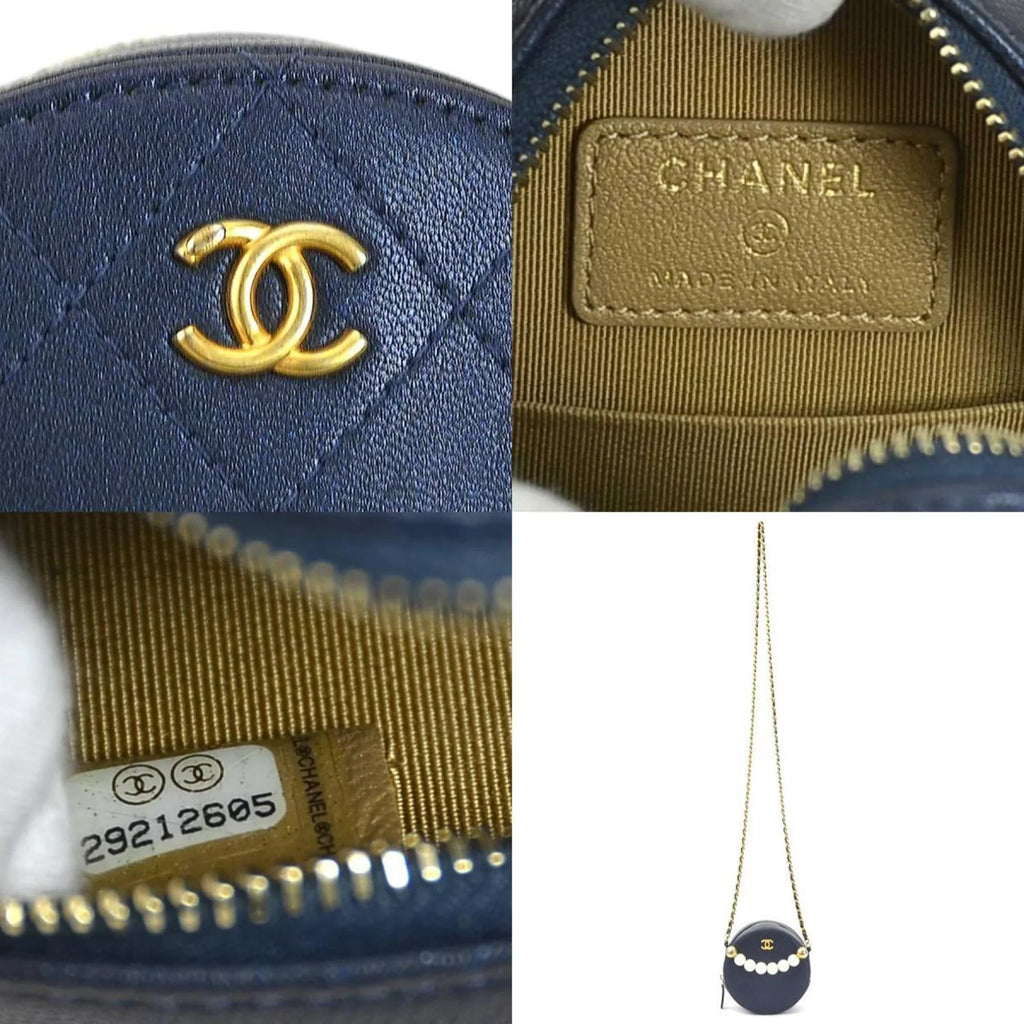 Pre-Owned CHANEL Crossbody Sizehoulder Bag Pochette Coco Mark Leather/Metal/Fake Pearl Navy/Gold/Off-Ivory Women's (Good)