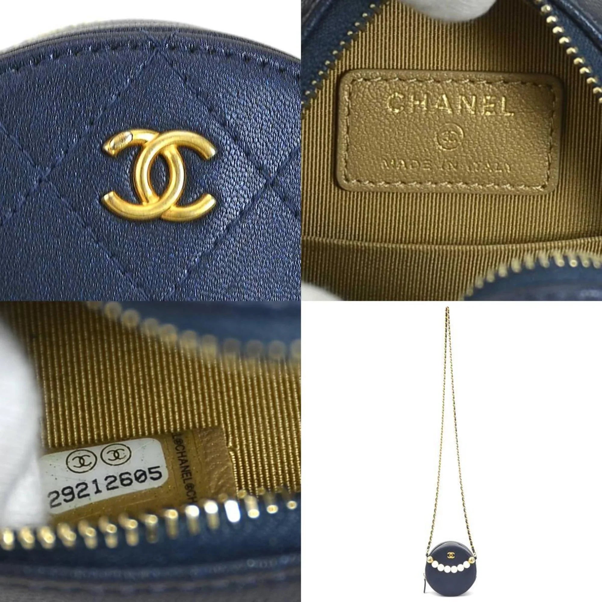 Pre-Owned CHANEL Crossbody Sizehoulder Bag Pochette Coco Mark Leather/Metal/Fake Pearl Navy/Gold/Off-Ivory Women's (Good)