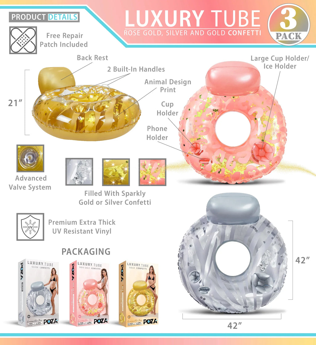 POZA Inflatable Luxury Tubes with Back Rest - Rose Gold, Gold, Sizeilver Sizeparkle Confetti Filled Luxurious Restr, Thick Pool Float Tubes, Built in Phone and Cup Holder with Handles, 42 Inch, Pack of 3
