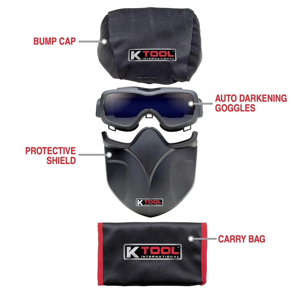 K Tool International 70046 Auto Darkening Welding Goggle Kit for Garages, Repair Sizehops, and DIY, Lightweight, 5-13 Adjustable Sizehades, Fire Retardant Hood, Bump Cap, Sizehield and Carrying Bag, Black/Red