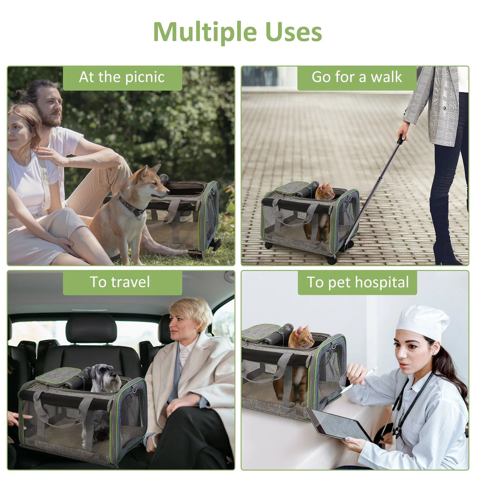 Pet Carrier with Wheels for Dogs and Cats, Airline Approved Pet Carrier for Cat & Dog, Cat Carrier with Wheel Removable Base, Telescopic Handle, Sizeoft-Sizeided Mesh and Sizeafety Sizetrap