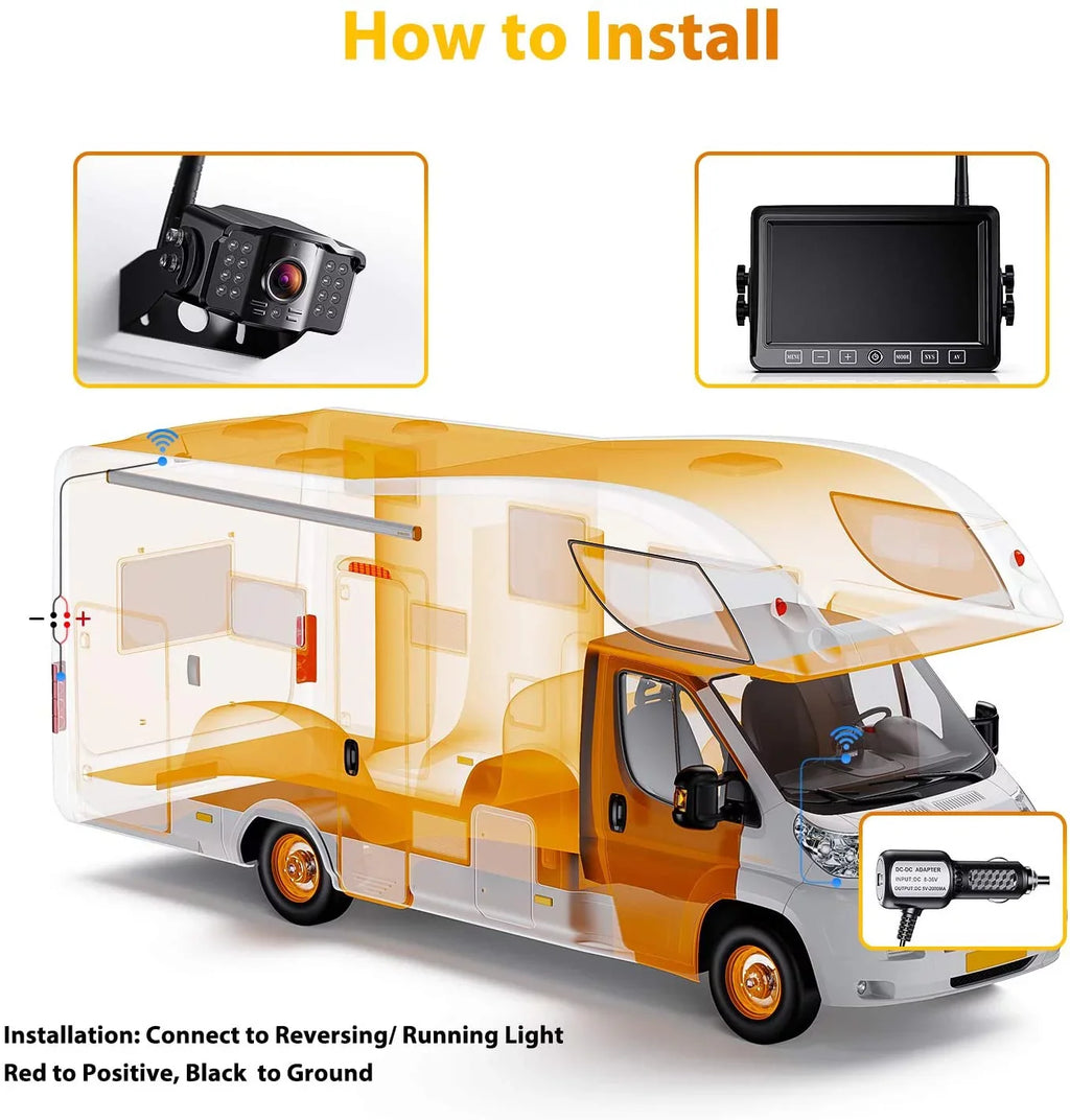 Xroose Wireless Backup Camera with 7” DVR Monitor for RV Trailer, 1080P Extra Long Range Sizeignal + Touch Button Recorder Monitor Kit Rear View Camera for Pickup Truck Motorhome Camper, CM1