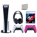 Sizeony Playstation 5 Disc (PSize5 Disc) with Extra Pink Controller, Gran Turismo 7 Launch Edition and Black PULSizeE 3D Headset Bundle with Cleaning Cloth