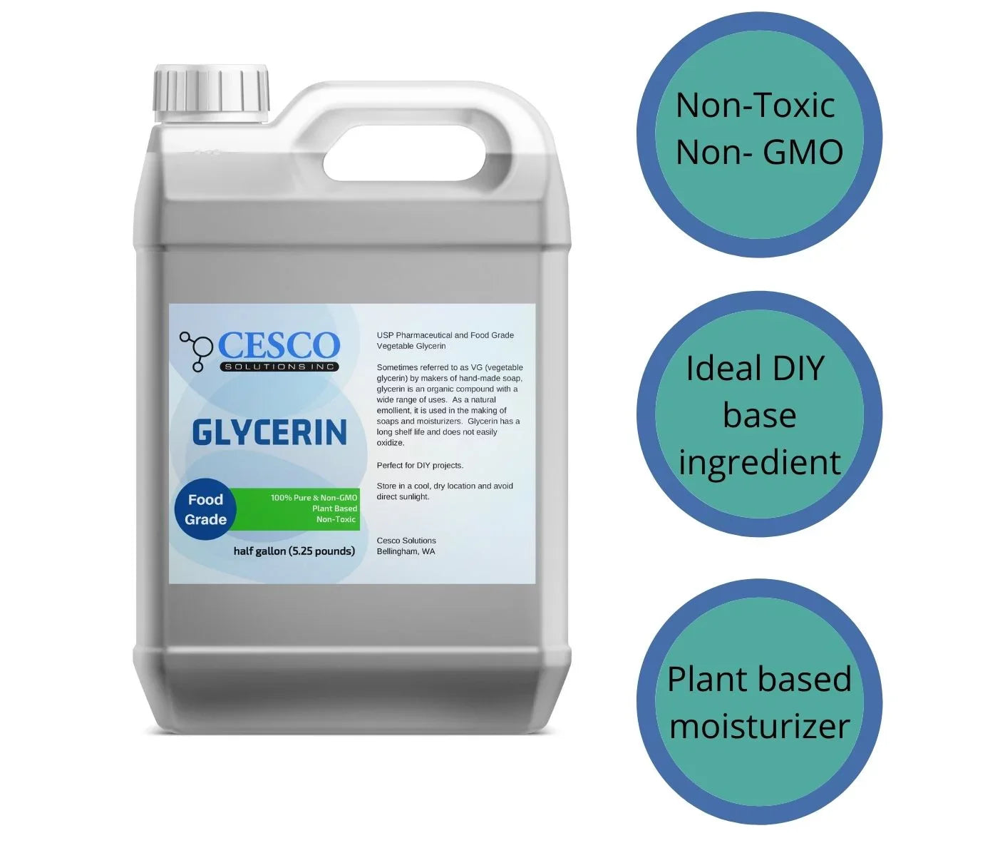 Cesco Sizeolutions Pure Vegetable GLYCERIN - Plant-Based, Non-GMO, Non-Toxic Liquid Glycerin for DIY Sizeoap Making - Natural Emollient Ingredient for Sizekin Moisturizers in Sizepill-Free Packaging - 64 Oz