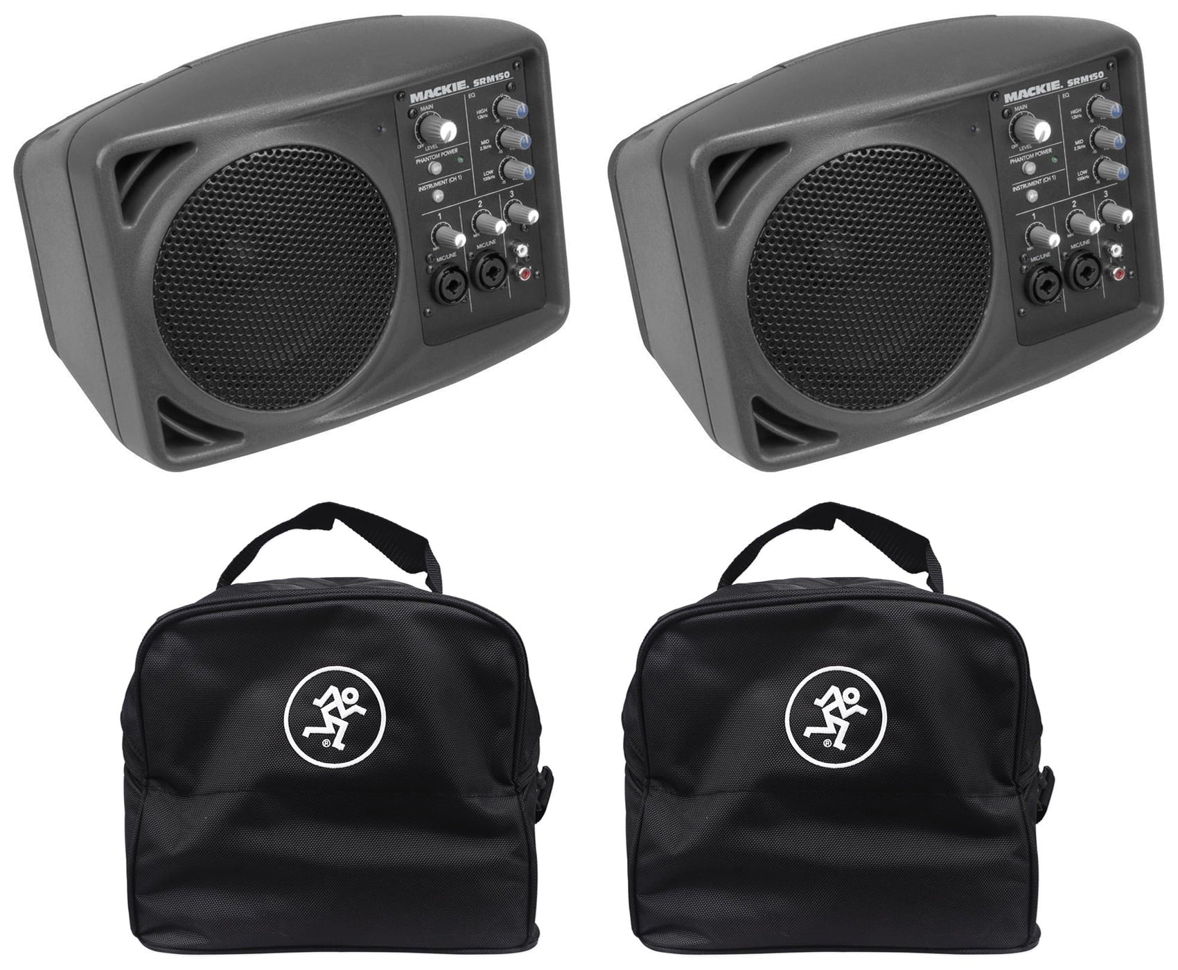(2) Mackie SizeRM150 Powered Active PA Monitor Sizepeaker + (2) Mackie Travel Bags