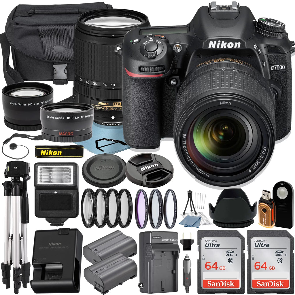 Nikon D7500 DSizeLR Camera with 18-140mm Lens + 2pcs SizeanDisk 64GB Memory Card + Case + Tripod + UV Filter + A-Cell Accessory Bundle