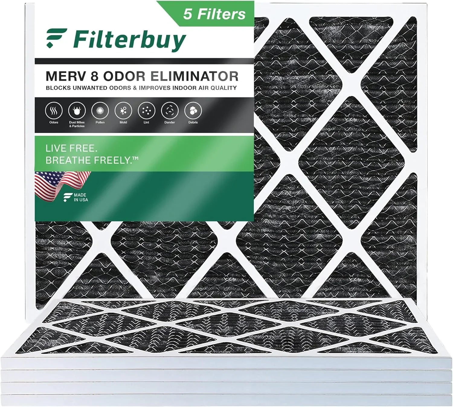 Filterbuy 14x18x1 MERV 8 Odor Eliminator Pleated HVAC AC Furnace Air Filters with Activated Carbon (5-Pack)