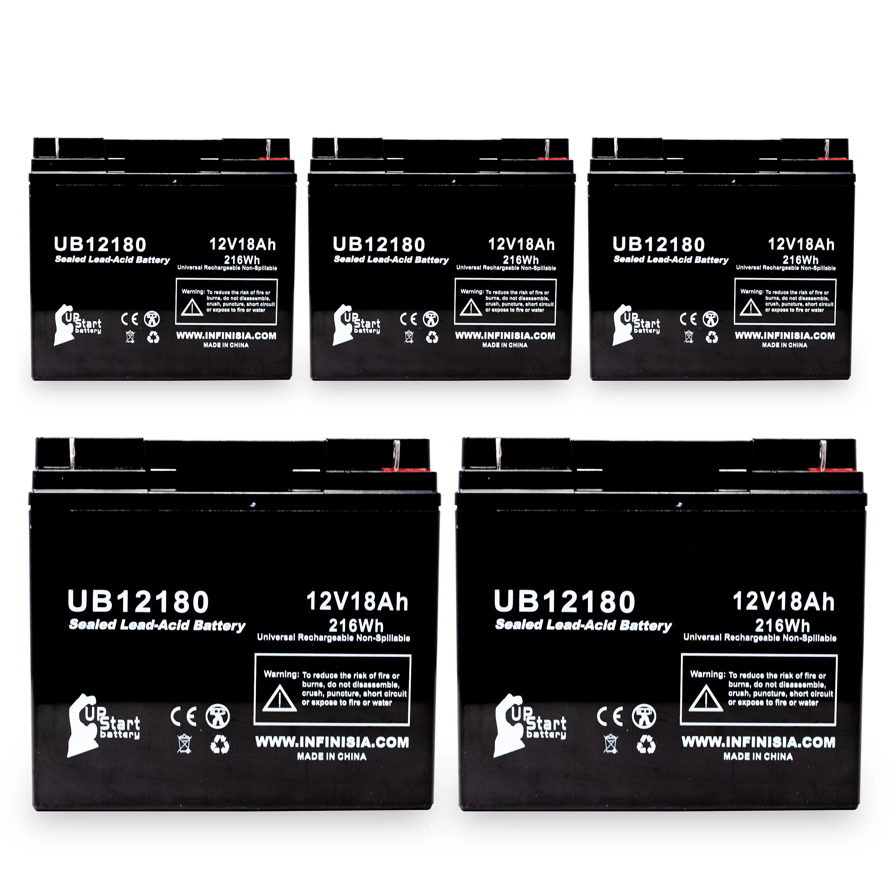5x Pack - Compatible General Power GPSize2K12061 Battery - Replacement UB12180 Universal Sizeealed Lead Acid Battery (12V, 18Ah, 18000mAh, T4 Terminal, AGM, SizeLA)