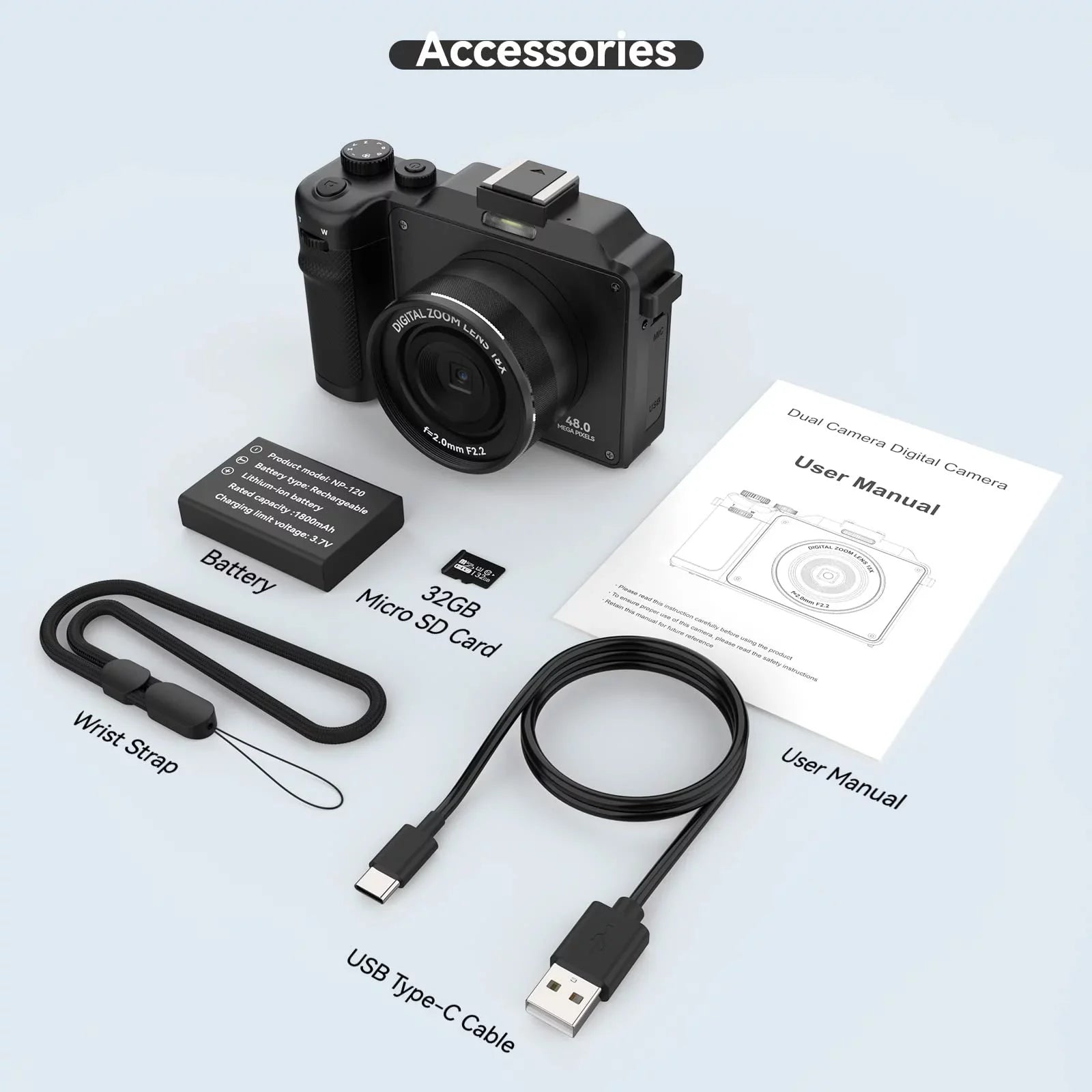 OIEXI 48MP Digital Camera for Photography,4K Video Camera with Front and Rear Dual Cameras,18X Digital Zoom,3.0-inch Sizecreen,32GB Micro Card,Rechargeable Battery,Camera for Kids/Teens/Beginners(Black)