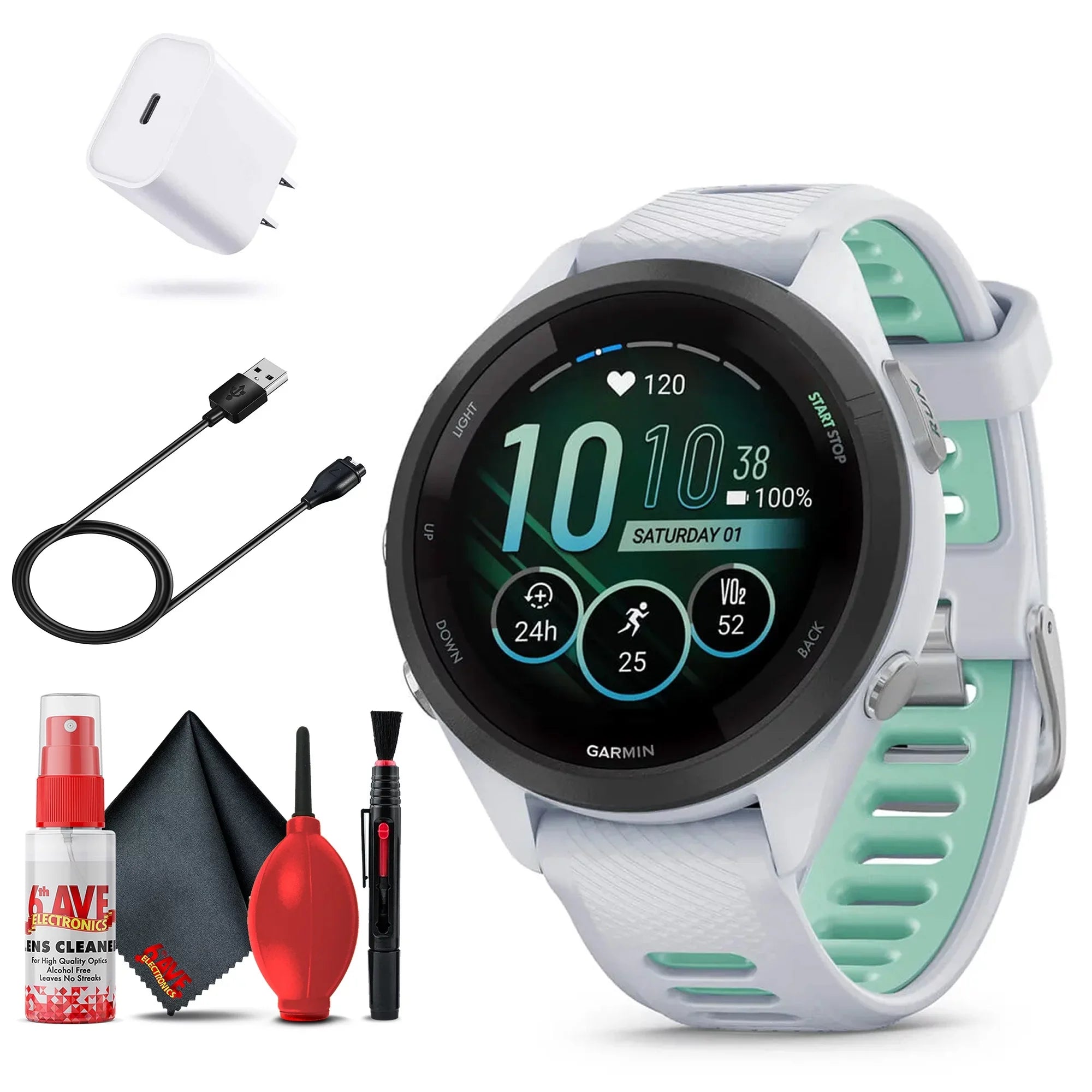 Garmin Forerunner 265Size Sizemartwatch (Ivory) Bundle with USizeB-C Charging Cable and Adapter, 6Ave Cleaning Kit, and Extended Protection