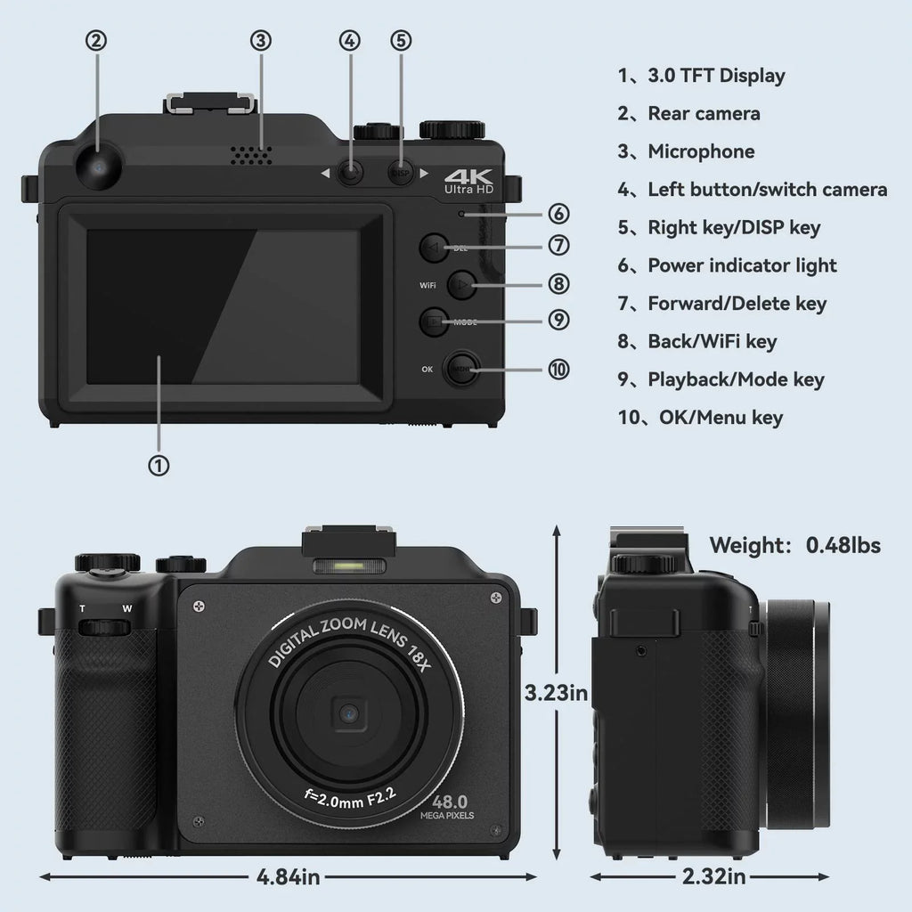 OIEXI 48MP Digital Camera for Photography,4K Video Camera with Front and Rear Dual Cameras,18X Digital Zoom,3.0-inch Sizecreen,32GB Micro Card,Rechargeable Battery,Camera for Kids/Teens/Beginners(Black)