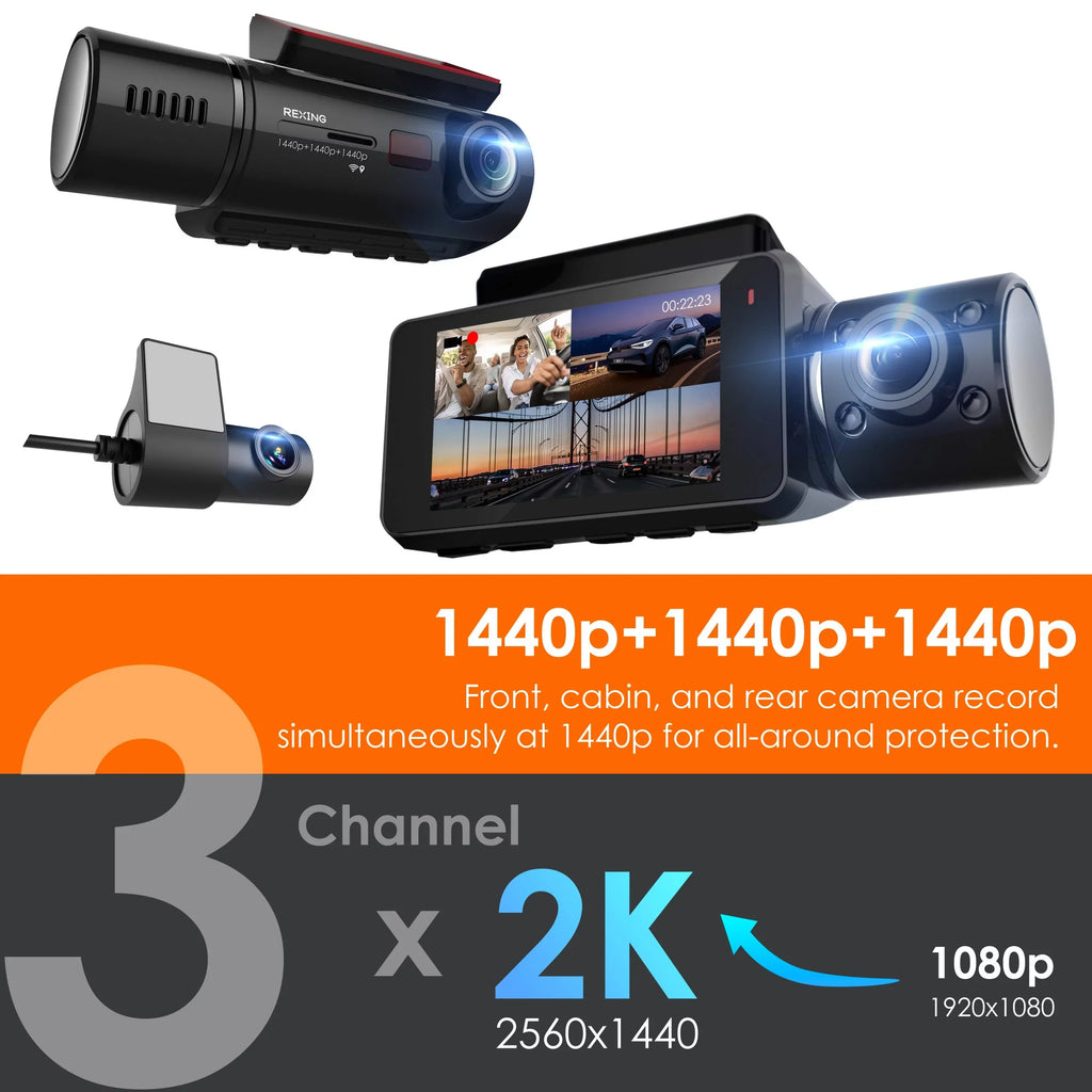 Rexing V33 3 Channel 1440p+1440p+1440p Front, Cabin and Rear Camera Dashcam with Built-in Wi-Fi & GPSize
