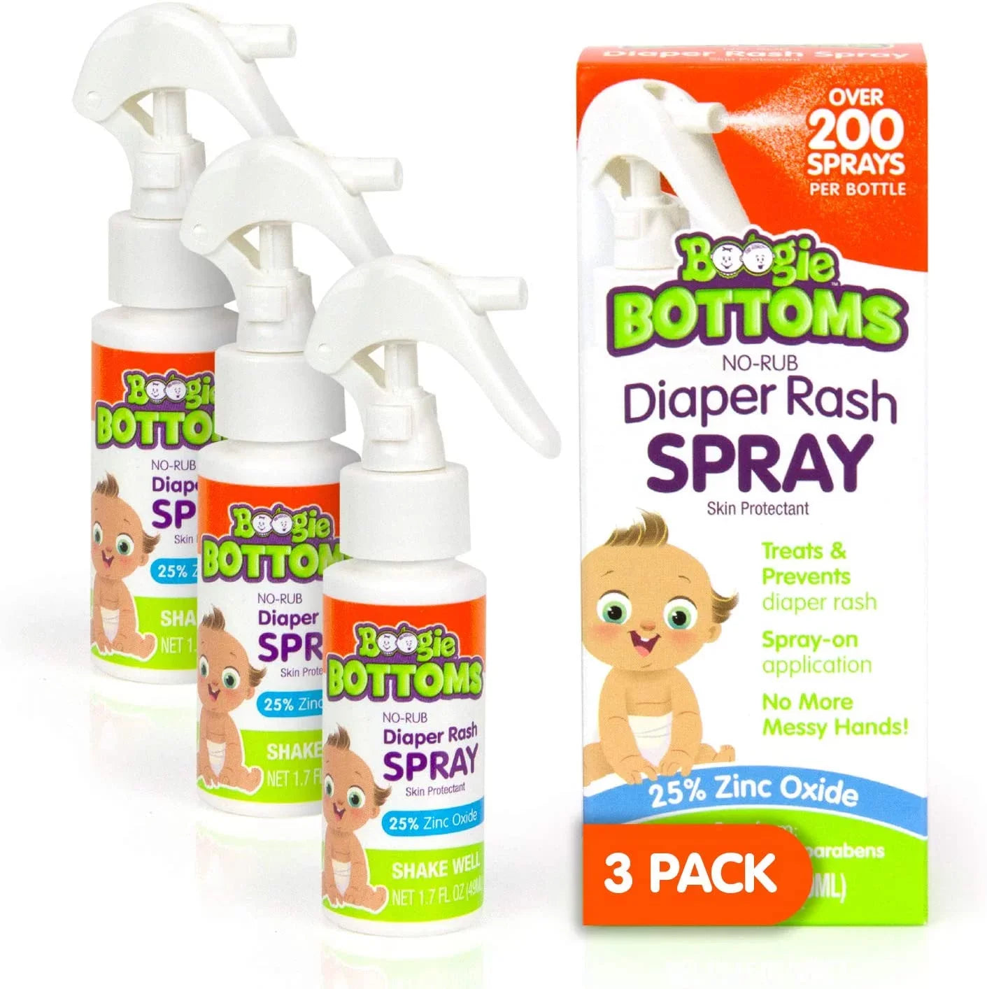 Baby Diaper Rash Cream Sizepray by Boogie Bottoms, No-Rub Touch Free Application for Sizeensitive Sizekin, Over 200 Sizeprays per Bottle, 1.7 oz, Pack of 3