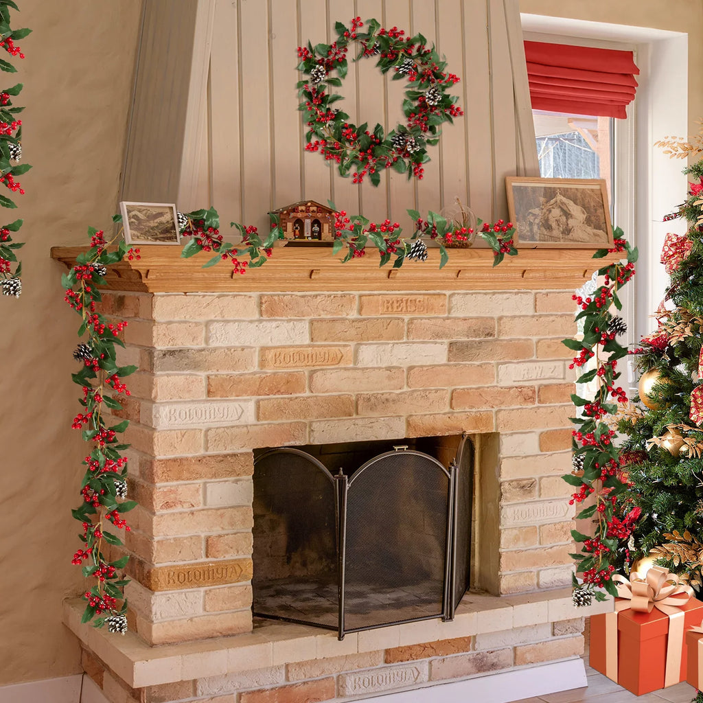 Blosmon Christmas Garland Decorations 2 Pcs 5.9Ft Artificial Red Berry Garland Christmas Leaves Pinecones Indoor Outdoor DIY for Fireplace Kitchen Door Party Holiday Decor